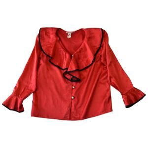 Vintage 80s Red Satin Ruffle Poet Blouse | Maximalist Style | Size 12